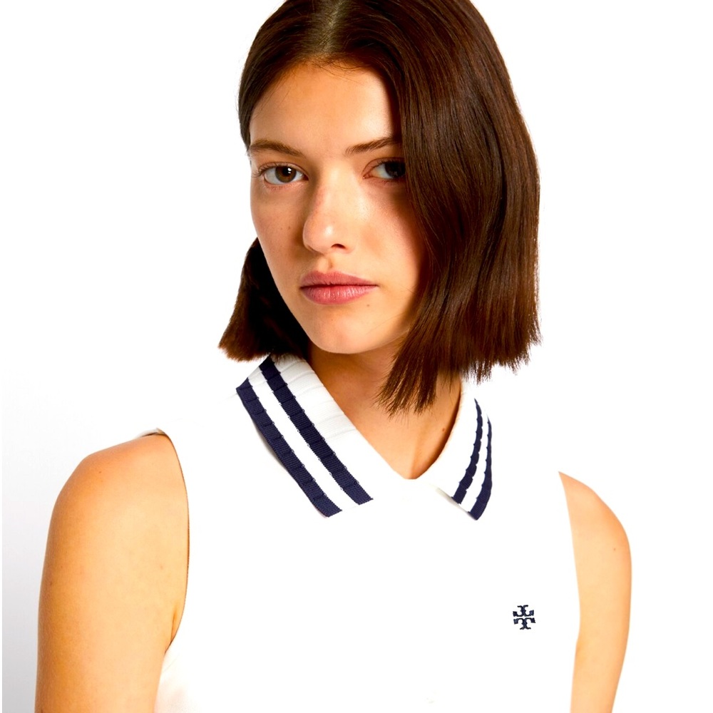 NWT Tory Burch  Pique Pleated Collar Sleeveless Polo
